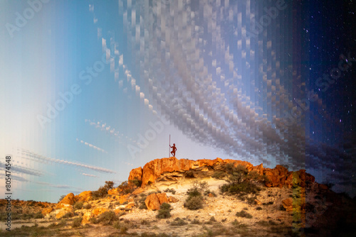 nightscape, night full of stars, from sunset till midnight, timelapse panorama at the statue of an Australian at Mount Magnet