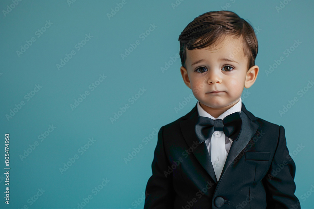 The cutest little guy dressed in a dapper tuxedo, striking a pose agnst a solid blue background. The cutest little guy dressed in a dapper tuxedo, striking a pose agnst a solid blue background.