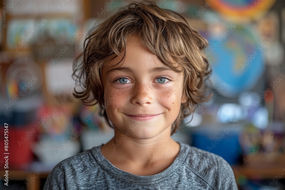 A high-resolution photo of a curly-haired boy smiling at the camera A high-resolution photo of a curly-haired boy smiling at the camera
