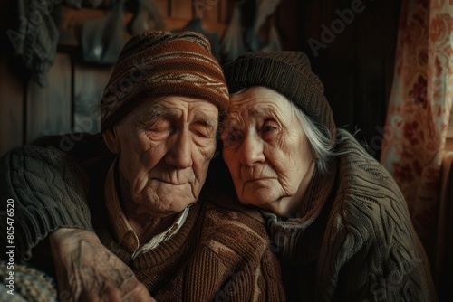 Couple of two sad old people in love sitting together at home. Senior people healthcare love concept, Generative AI