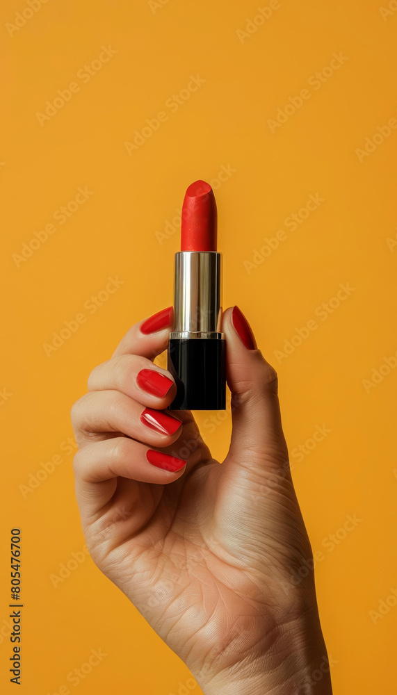 One hand holds lipstick on a light yellow background. One hand holds lipstick on a light yellow background.