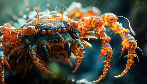 a centipedes face, capturing the multitude of tiny eyes and sharp mandibles © Rona_65