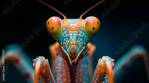 closeup macro photo of a mantis face, highlighting the triangular shaped head and sharp mandibles photo