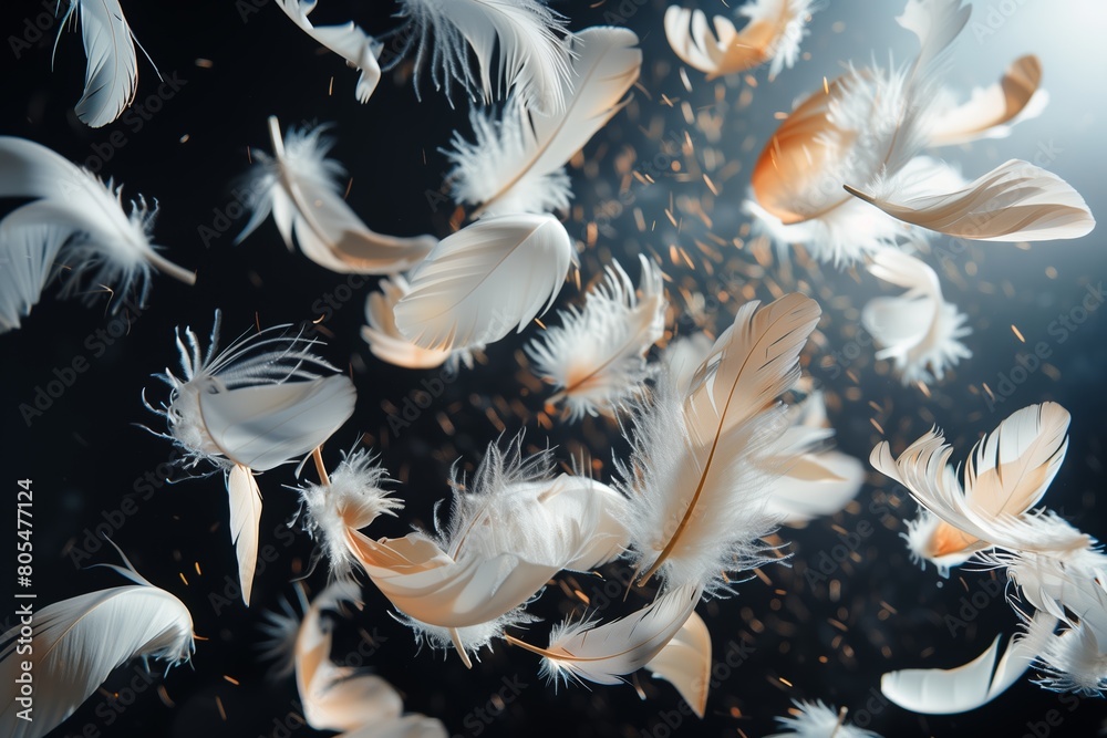 Close up of feathers floating in the air in black background