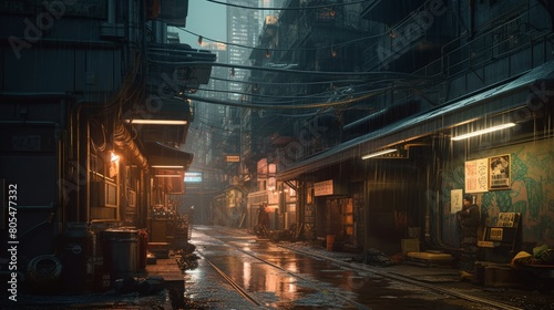 Cyberpunk City. Night time in cyberpunk city, houses and businesses.