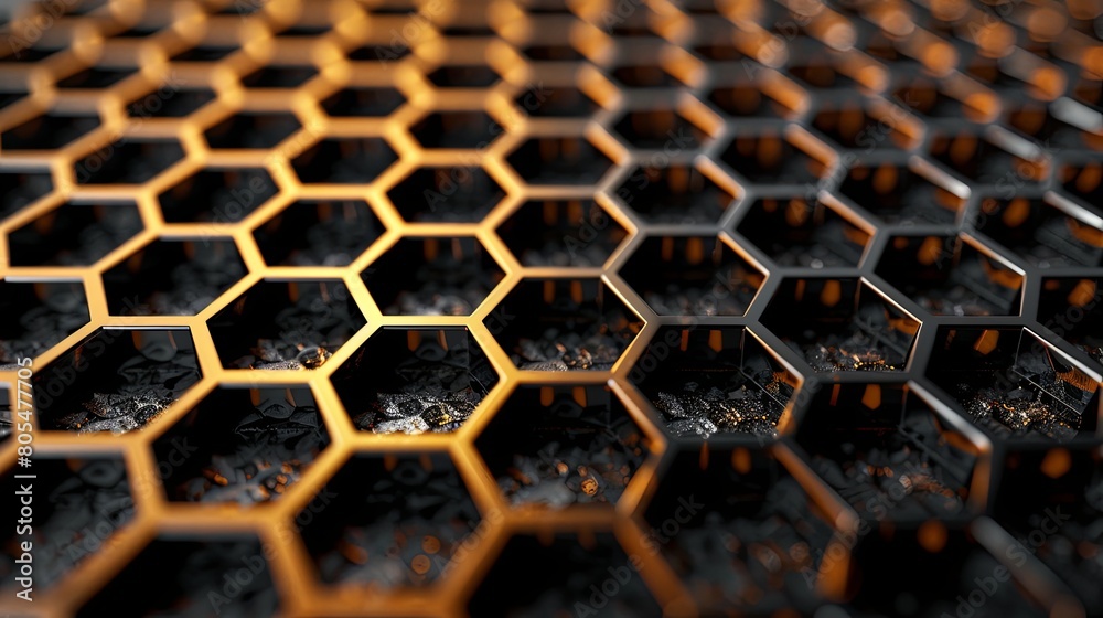 A close up of a black and gold hexagonal pattern