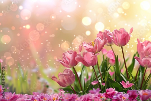 Beautiful spring flowers tulips on bokeh background with copyspace. Genererative AI photo