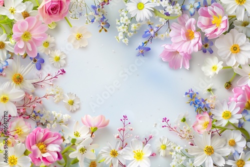 Flowers composition. Frame made of colorful flowers on white background. Flat lay, top view, copy space. Genererative AI