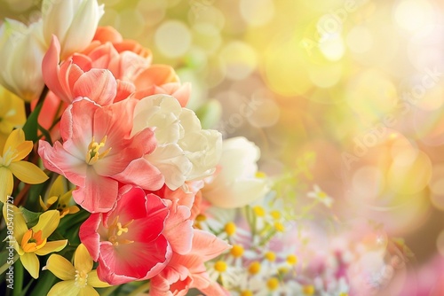 Bouquet of tulips and daffodils flowers on bokeh background. Genererative AI