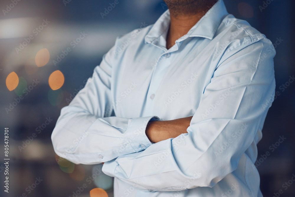 Office, crossed arms and closeup of business man for planning, confidence and company pride. Corporate person, professional and hands of worker ready for career, work and job opportunity in workplace