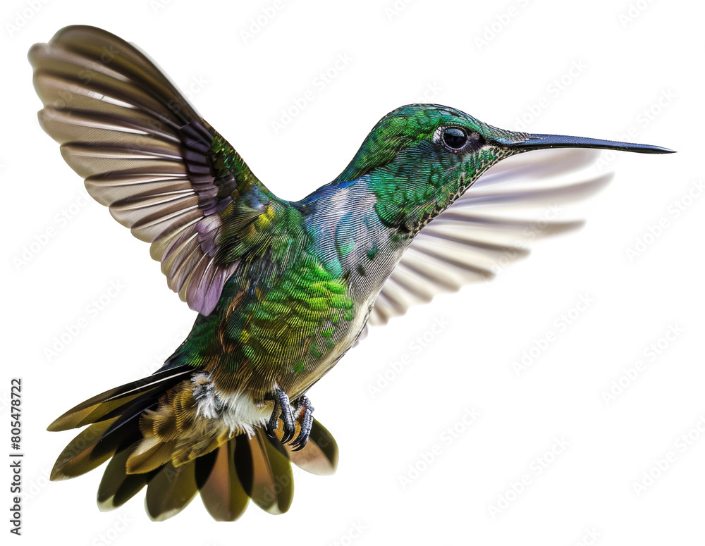 Fototapeta premium Hummingbird in flight captured with detailed wing motion isolated on transparent background