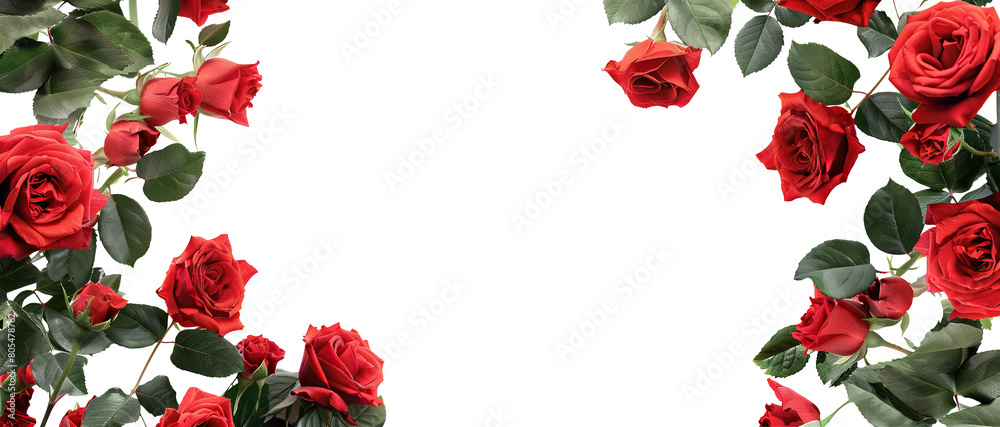 Frame of luxurious red roses in full bloom, with soft petals and green leaves, cut out Frame of luxurious red roses in full bloom, with soft petals and green leaves, cut out