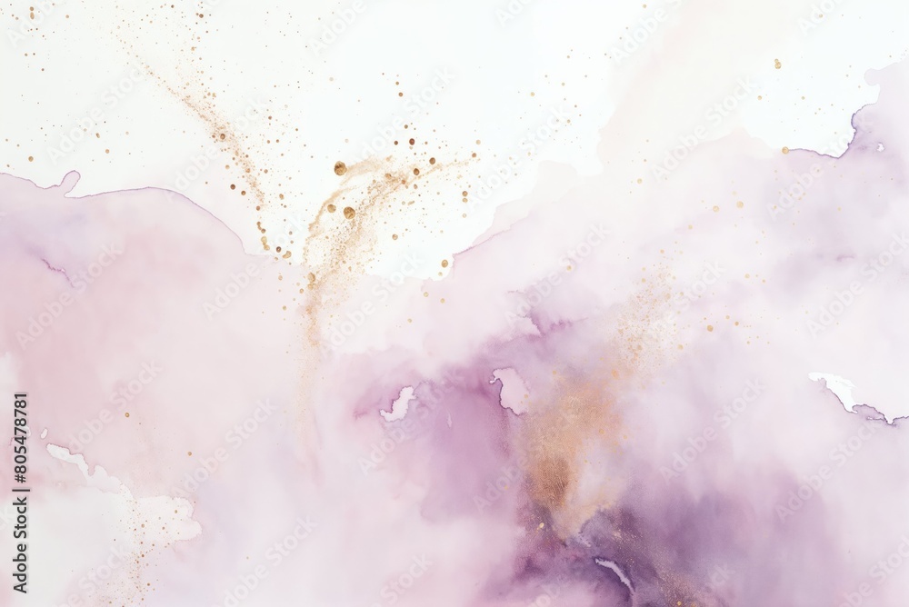Obraz premium Hand-drawn watercolor backdrop with soft pastel shades of light pink and purple blend seamlessly, enhanced by golden speckles of textured paint.