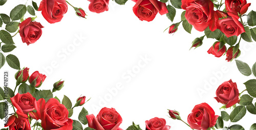 Fototapeta Naklejka Na Ścianę i Meble -  Frame of luxurious red roses in full bloom, with soft petals and green leaves, cut out