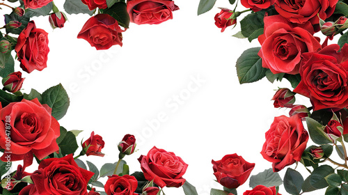 Fototapeta Naklejka Na Ścianę i Meble -  Frame of luxurious red roses in full bloom, with soft petals and green leaves, cut out