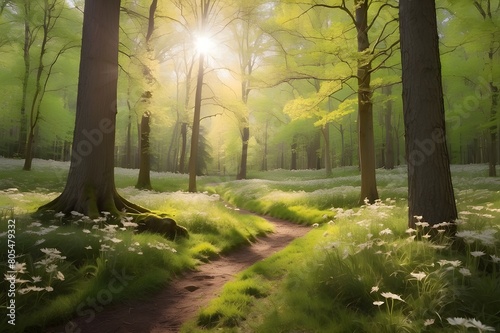 A serene woodland in the springtime illuminated by radiant sunlight