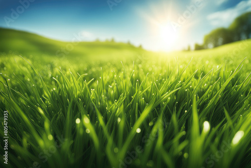 Green Grass with Shining Dews Water Drops Closeup 