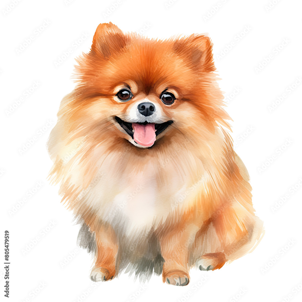 AI-Generated Watercolor cute Pomeranian Clip Art Illustration. Isolated elements on a white background.