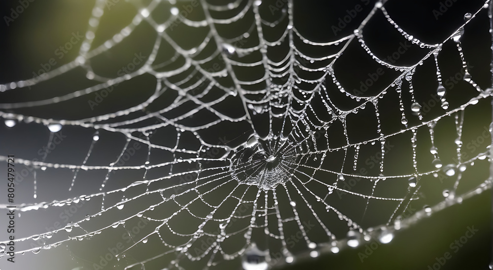 Naklejka premium Close-up of a Spider web covered in water drops or droplets with dark isolated background and tilt shift focus, 