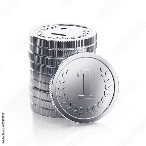 Abstract Silver Coins. Composition with ten 'generic' metallic coins on a white background. 3D rendering graphics.