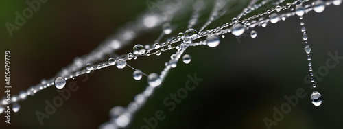 Close-up of a Spider web covered in water drops or droplets with dark isolated background and tilt shift focus, 