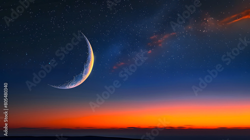 Beautiful crescent moon in the sky at night with beautiful orange and blue gradient sunset sky