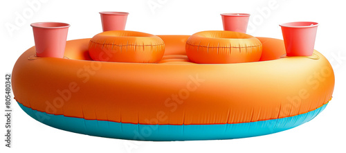 Orange inflatable pool float with built-in cup holders isolated on transparent background photo