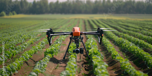 high-tech drone equipped with sensors flying over a farm, demonstrating precision farming techniques for crop monitoring and pest control