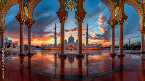 Beautiful mosque with illuminated minarets at sunset, wide angle view from inside the archway photo