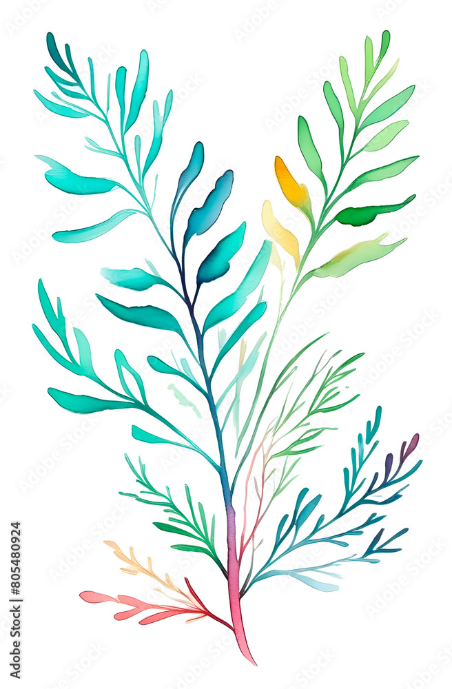 Watercolor multicolored branches. Branch with leaves watercolor design for printing on a postcard, invitation, packaging. Bright summer colors on the leaves.