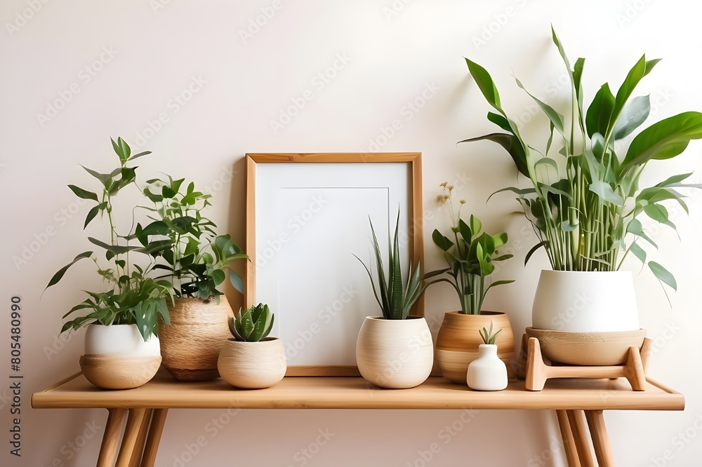 A mockup picture frame with lovely plants in various hipster and stylish pots is displayed on a brown bamboo shelf. white walls. A fresh and floral idea for shelves.