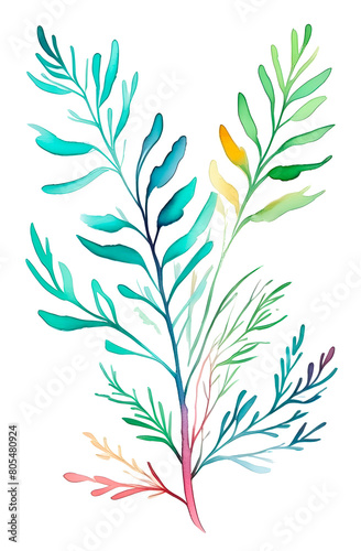 Watercolor multicolored branches. Branch with leaves watercolor design for printing on a postcard  invitation  packaging. Bright summer colors on the leaves.