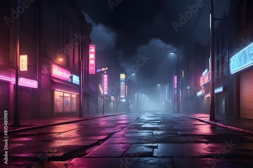 3D rendering of a street with neon lights  aged  damp asphalt  and smoke against a dark backdrop