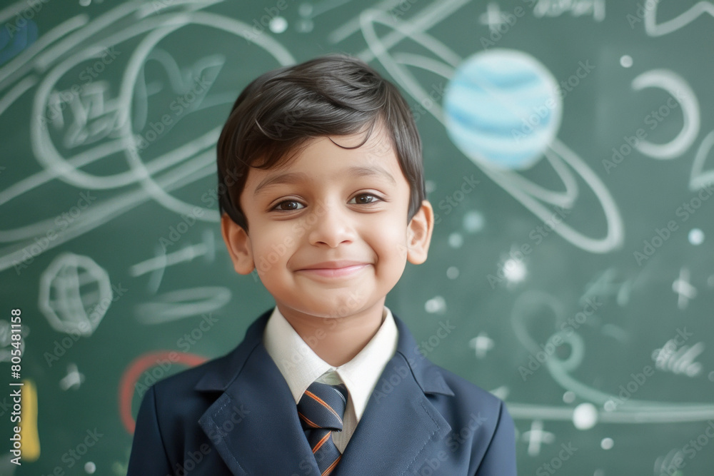 cute indian school boy standing on green chalk board background. cute indian school boy standing on green chalk board background.