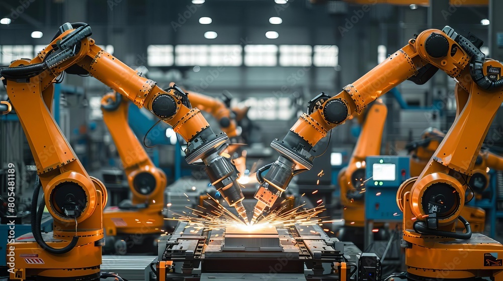 Team welding robots represent the movement In the automotive parts industry Team welding robots represent the movement In the automotive parts industry