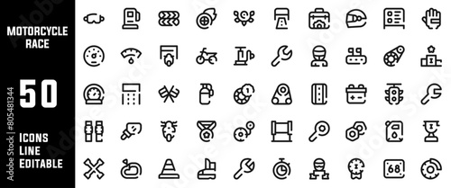 50 Motorcycle Race Icons Set Line Editable Vector Illustration