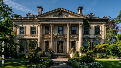 A luxurious Georgian-style mansion surrounded by formal gardens. The home's grand facade features classical proportions, a paneled front door with transom window above, and ornate detailing,  photo