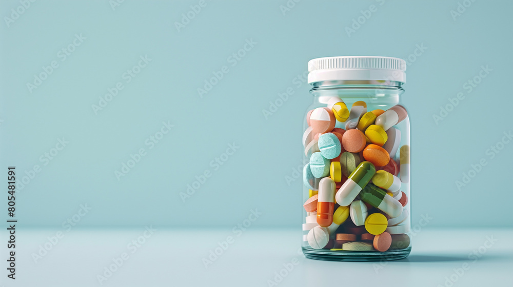 Glass jar filled with multicolored pills on a teal background with dramatic lighting Glass jar filled with multicolored pills on a teal background with dramatic lighting