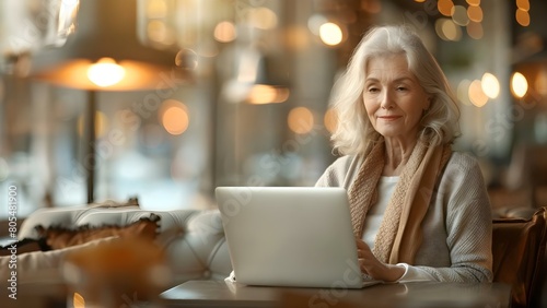 Elderly woman in her 60s or 70s using laptop in modern cafe. Concept Technology, Senior Citizen, Laptop User, Modern Lifestyle, Cafe Setting