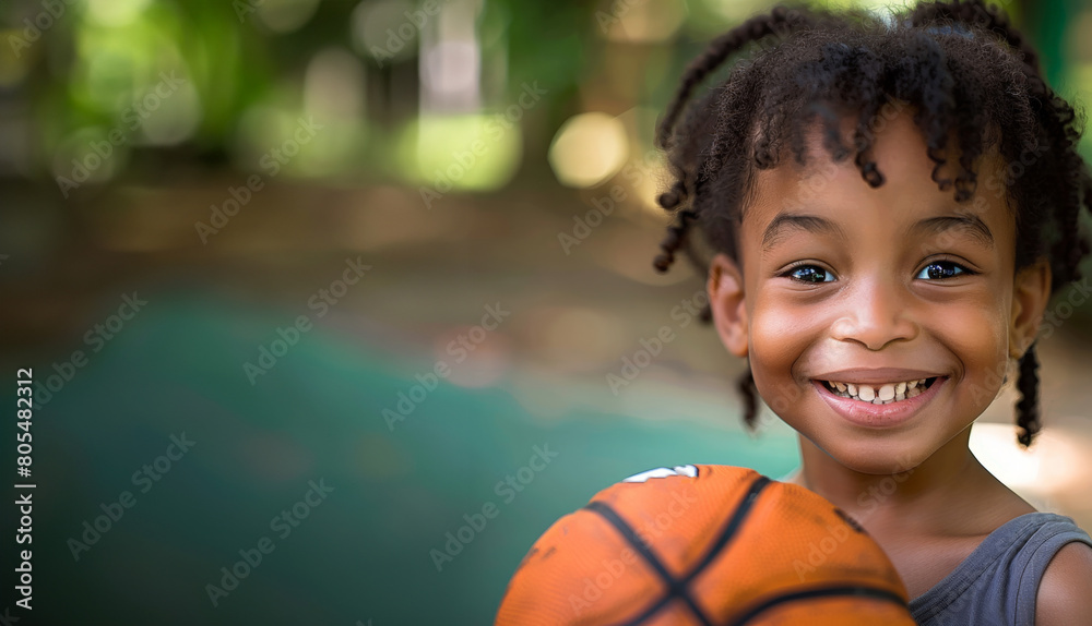 A child in casual clothing smiles broadly while holding a basketball, with the summer park in the background, banner. A child in casual clothing smiles broadly while holding a basketball, with the summer park in the background, banner.