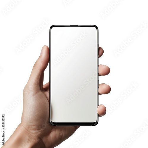 Ręka trzymająca biały telefon Samsung w centrum kadru. Telefon jest w pełni widoczny, a tło jest neutralne © Artur48