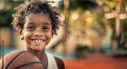 A little boy is smiling and holding a basketball, in the background you can see playground equipment and trees. photo