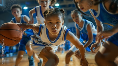 Dynamic basketball game of young female athletes. © Irina