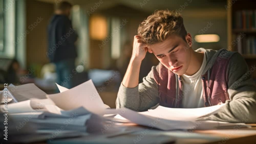Stress with studying concepts,worried high school student looking at his test paper before starting during an exam. Stress with studying concepts,worried high school student looking at his test paper before starting during an exam.