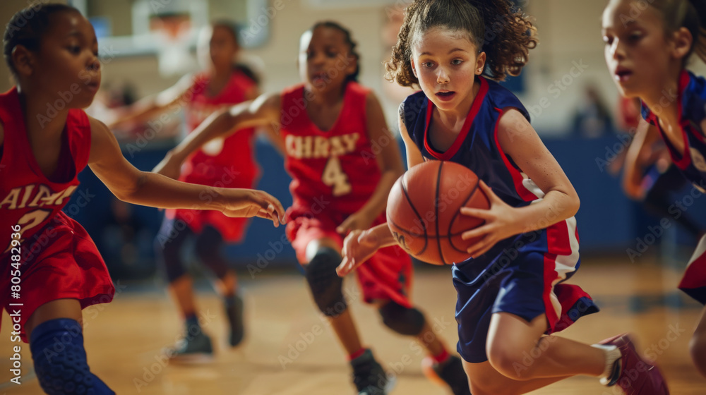 Fototapeta premium Young girls in a basketball game demonstrate excellent coordination and teamwork in a lively sports environment.