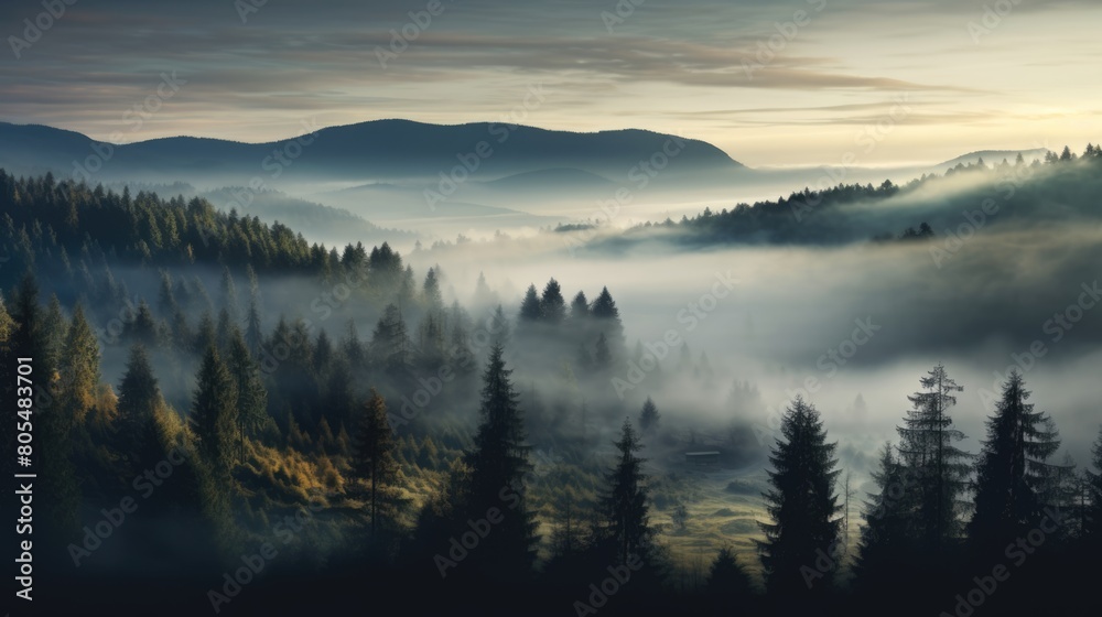 Mystical Autumn Fog in Black Forest, Germany - Enchanting Landscape with Rising Fog, Autumnal Trees, and Firs - Generative AI