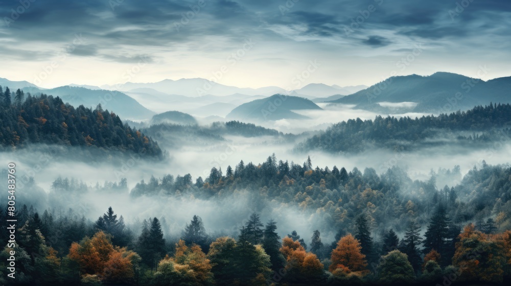 Obraz premium Mystical Autumn Fog in Black Forest, Germany - Enchanting Landscape with Rising Fog, Autumnal Trees, and Firs - Generative AI