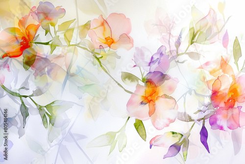 Watercolor paintings  floral patterns  gentle Thai style. On a bright white background Gives an airy feeling
