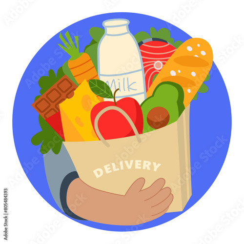 Shopping bag with groceries. Hands hold a package with groceries. Food delivery in eco-friendly packaging,food delivery concept. Fresh vegetables, fruits, milk. Delivery from supermarket, farmers