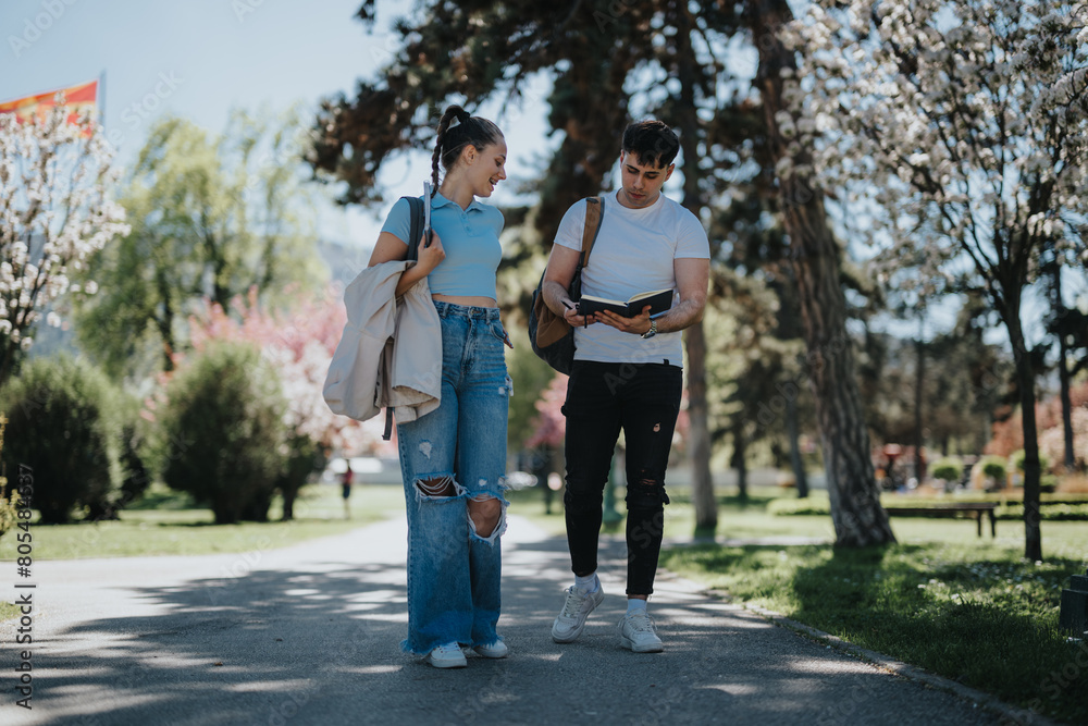 Two young adults engaged in studying with books after class time in a lively, sunlit city park. Two young adults engaged in studying with books after class time in a lively, sunlit city park.